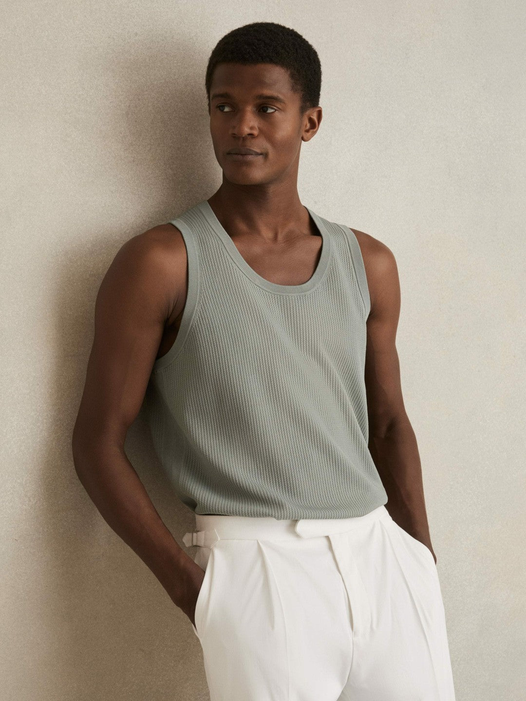Reiss Textured Crew Neck Ribbed Vest in Sage Green