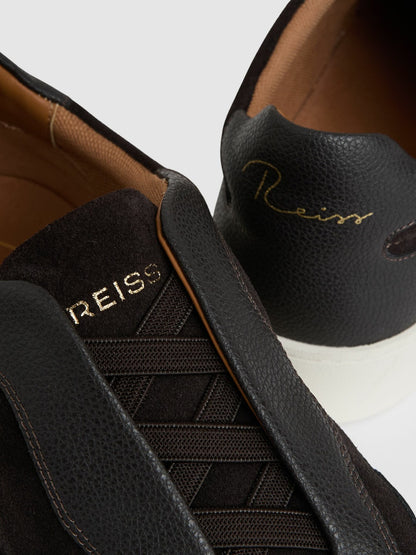 Reiss Leather Elasticated-Lace Trainers in Espresso Brown