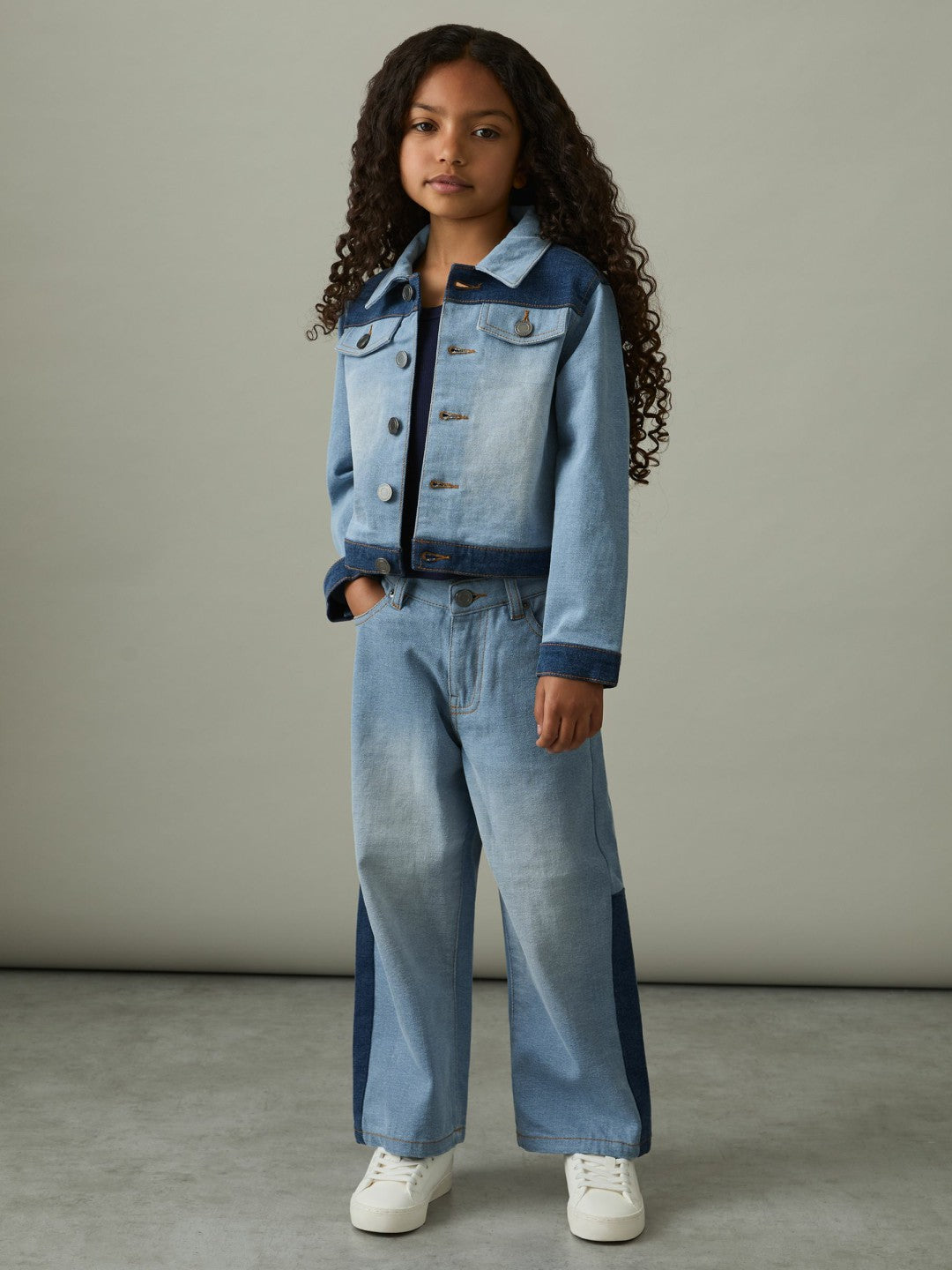 Reiss 13-14 yrs Patchwork Two-Tone Denim Jacket in Blue