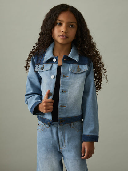 Reiss 13-14 yrs Patchwork Two-Tone Denim Jacket in Blue