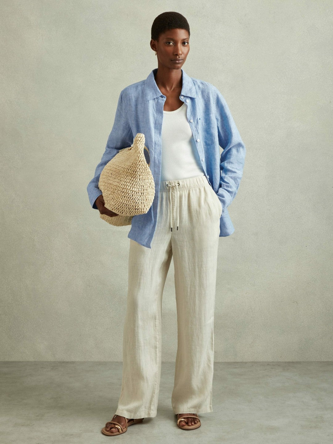 Reiss Linen Button-Through Shirt in Blue