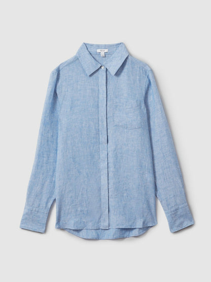 Reiss Linen Button-Through Shirt in Blue