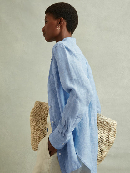 Reiss Linen Button-Through Shirt in Blue