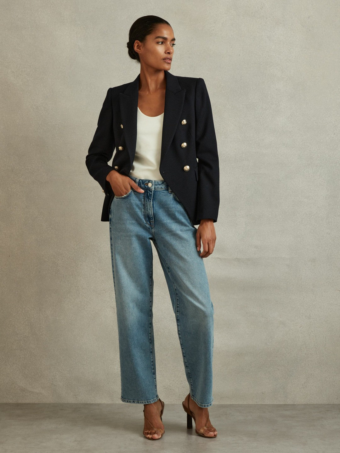 Reiss Tailored Fit Textured Double Breasted Blazer in Navy