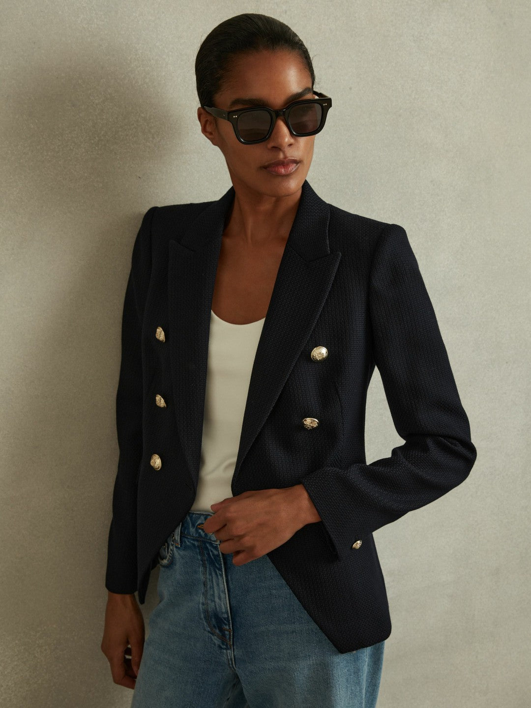 Reiss Tailored Fit Textured Double Breasted Blazer in Navy