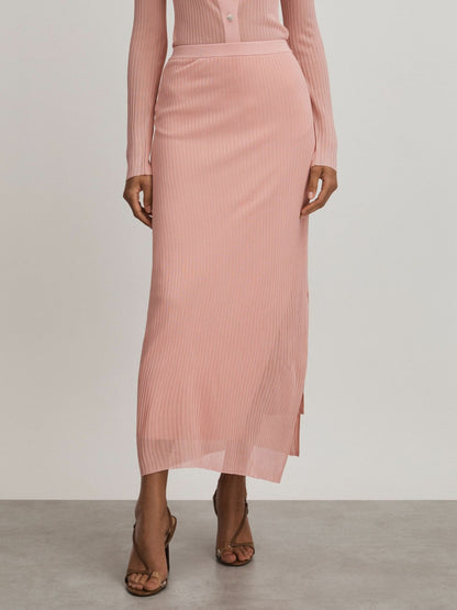 Reiss Carrie Pink Anna Quan Sheer Ribbed Knitted Midi Skirt