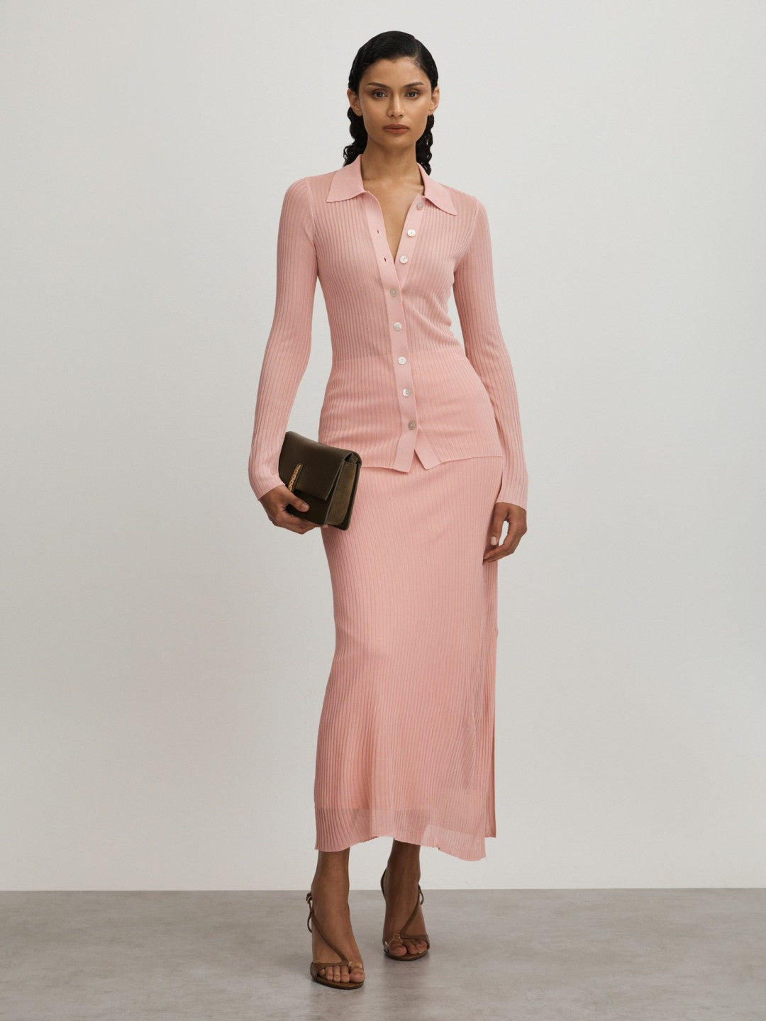 Reiss Carrie Pink Anna Quan Sheer Ribbed Knitted Midi Skirt