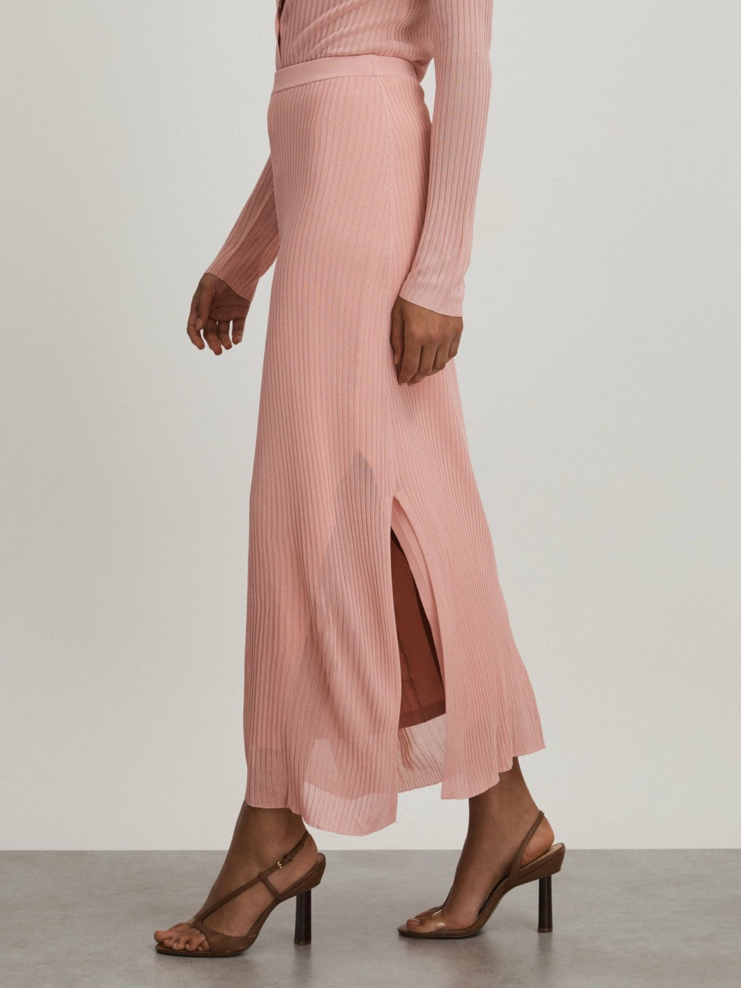 Reiss Carrie Pink Anna Quan Sheer Ribbed Knitted Midi Skirt
