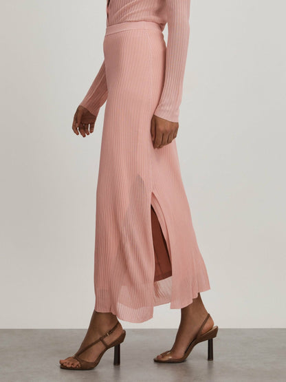 Reiss Carrie Pink Anna Quan Sheer Ribbed Knitted Midi Skirt
