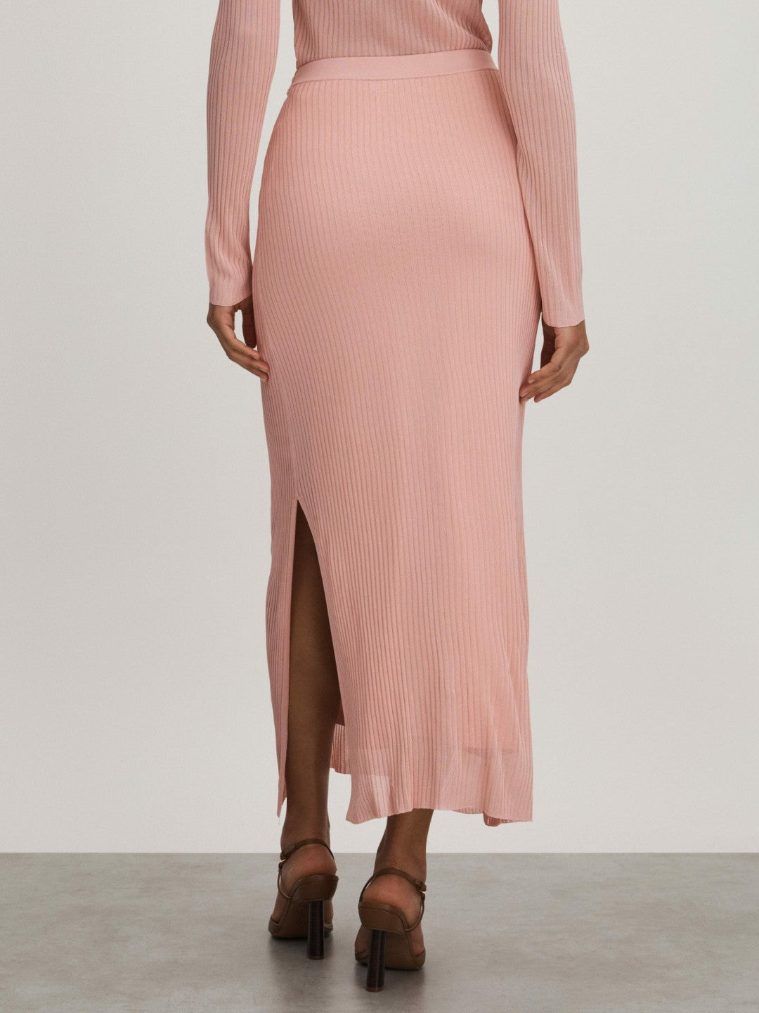 Reiss Carrie Pink Anna Quan Sheer Ribbed Knitted Midi Skirt