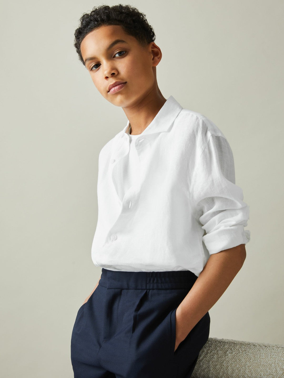 Reiss 9-13 yrs Linen Cutaway Collar Shirt in White