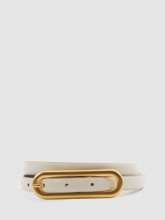 Reiss Thin Leather Elongated Buckle Belt in Off White