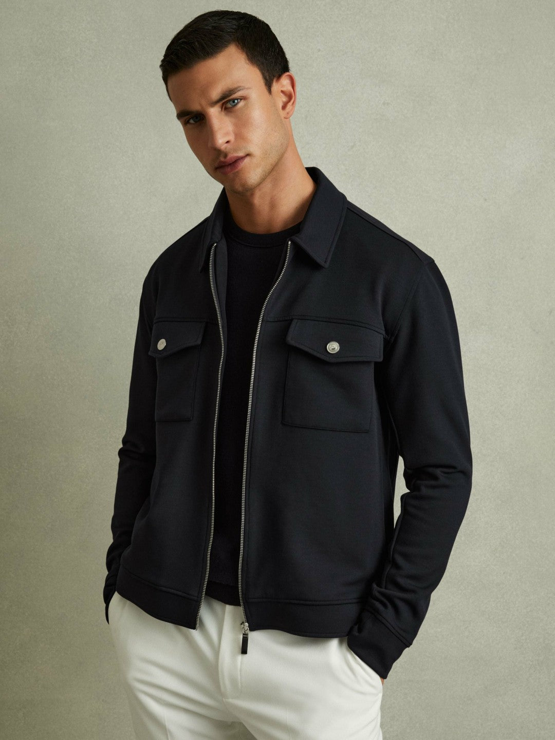 Reiss Interlock Jersey Zip-Through Jacket in Navy Blue