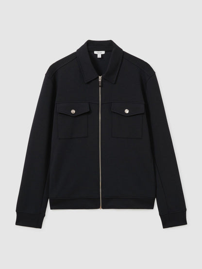 Reiss Interlock Jersey Zip-Through Jacket in Navy Blue