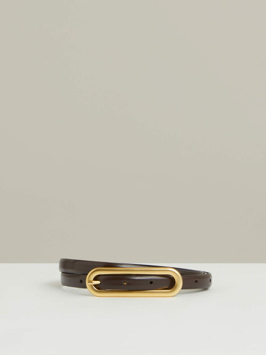 Reiss Thin Leather Elongated Buckle Belt in Chocolate