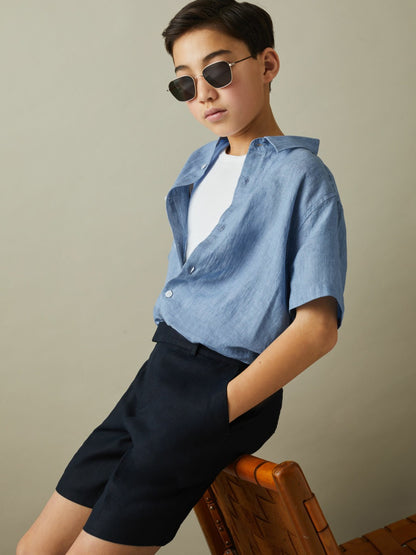 Reiss 3-9 yrs Short Sleeve Linen Shirt in Sky Blue