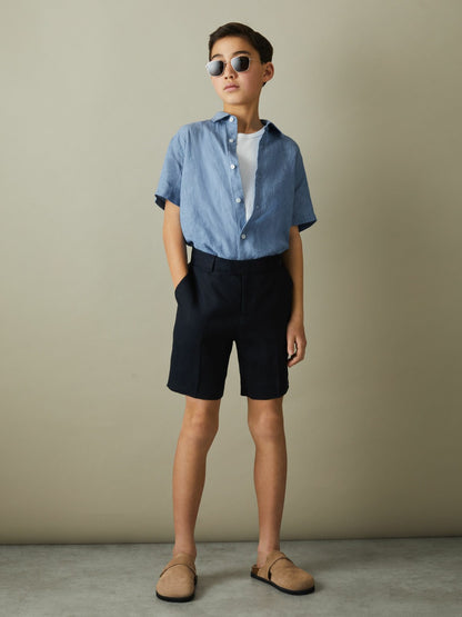 Reiss 3-9 yrs Short Sleeve Linen Shirt in Sky Blue