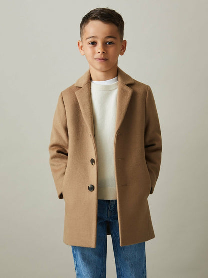 Reiss 3-9 yrs Single Breasted Overcoat in Camel