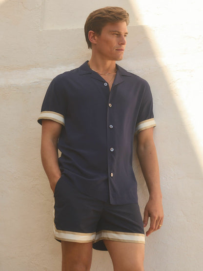 Reiss | Ché Cuff Detail Cuban Collar Shirt in Navy