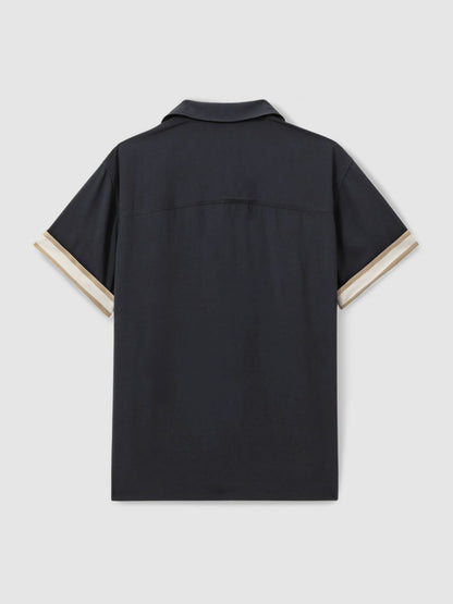 Reiss | Ché Cuff Detail Cuban Collar Shirt in Navy