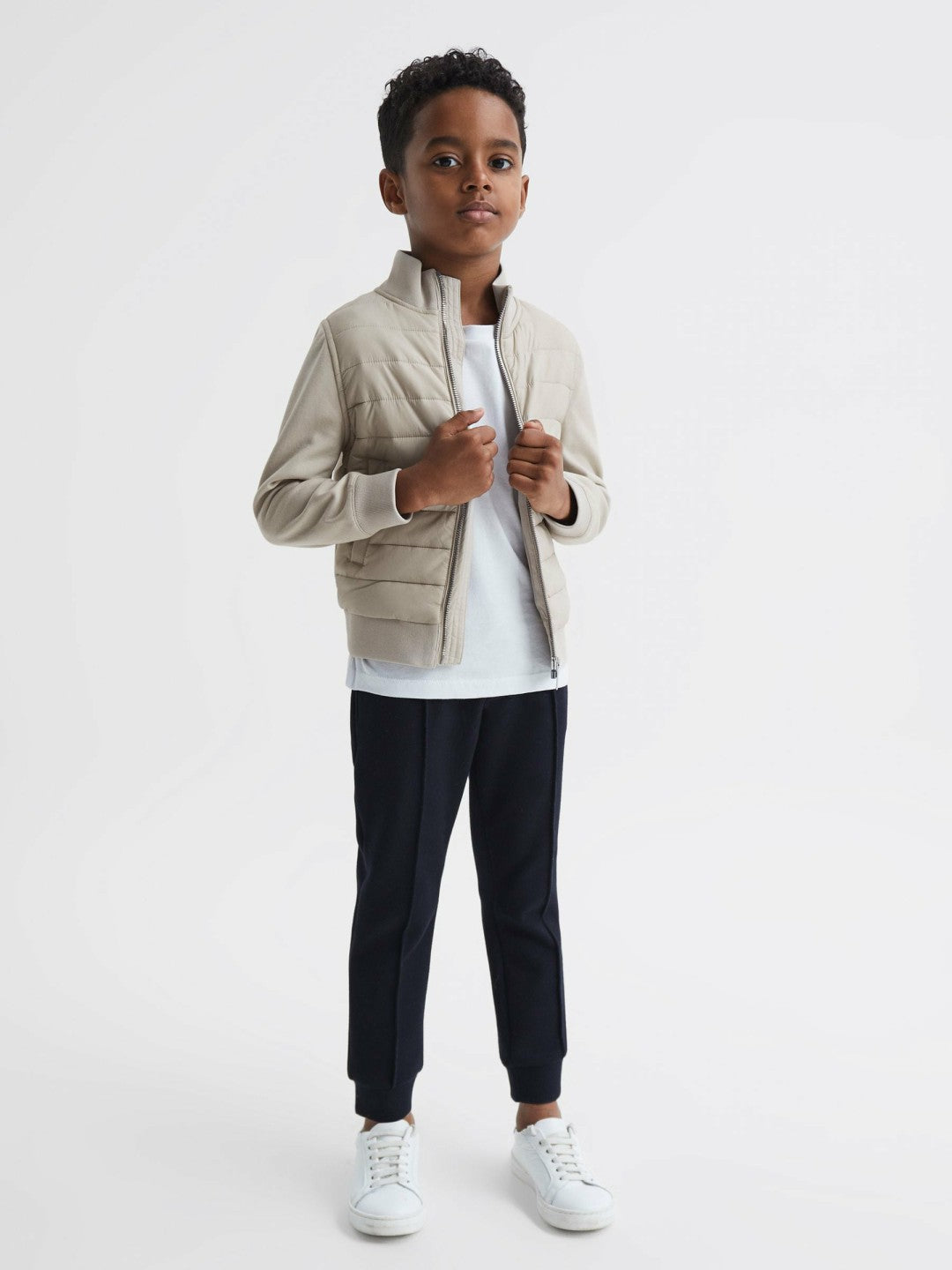 Reiss 3-9 yrs Funnel Neck Quilted Hybrid Jacket in Stone