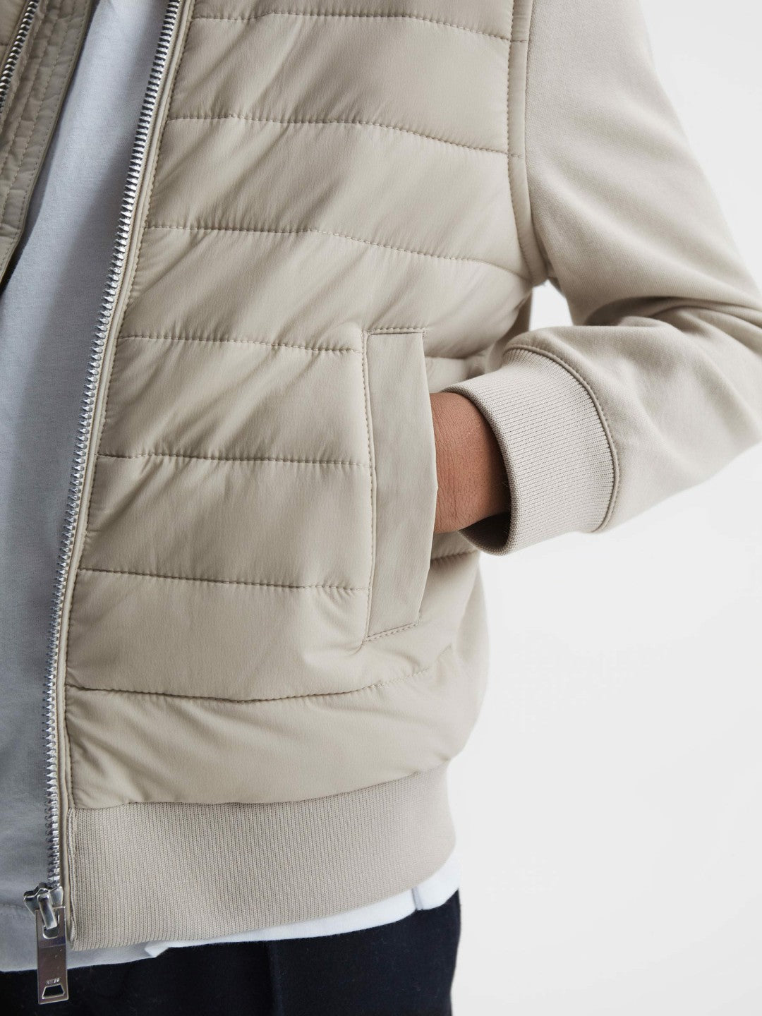 Reiss 3-9 yrs Funnel Neck Quilted Hybrid Jacket in Stone