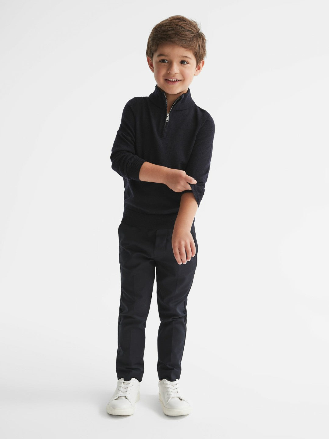 Reiss 3-9 yrs Merino Wool Zip-Neck Jumper in Navy