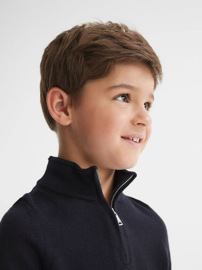 Reiss 3-9 yrs Merino Wool Zip-Neck Jumper in Navy