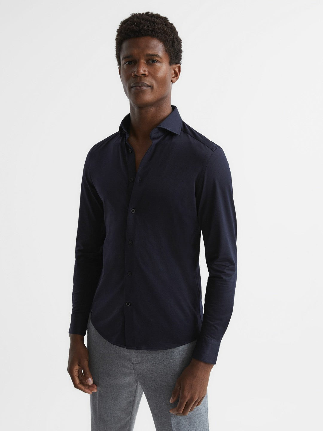 Reiss Cotton-Blend Jersey Cutaway-Collar Shirt in Navy