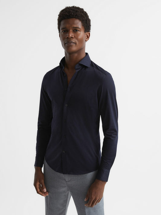 Reiss Cotton-Blend Jersey Cutaway-Collar Shirt in Navy