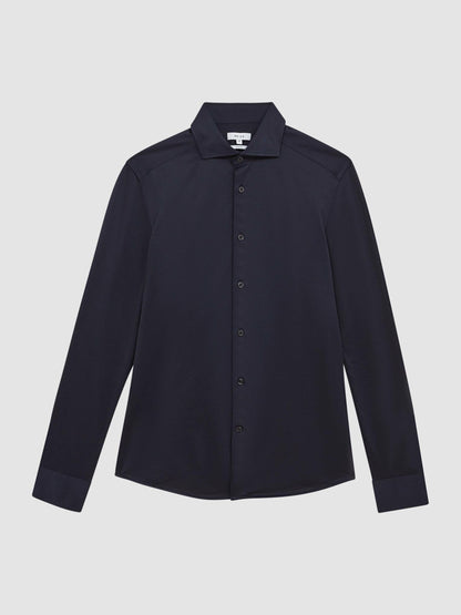 Reiss Cotton-Blend Jersey Cutaway-Collar Shirt in Navy