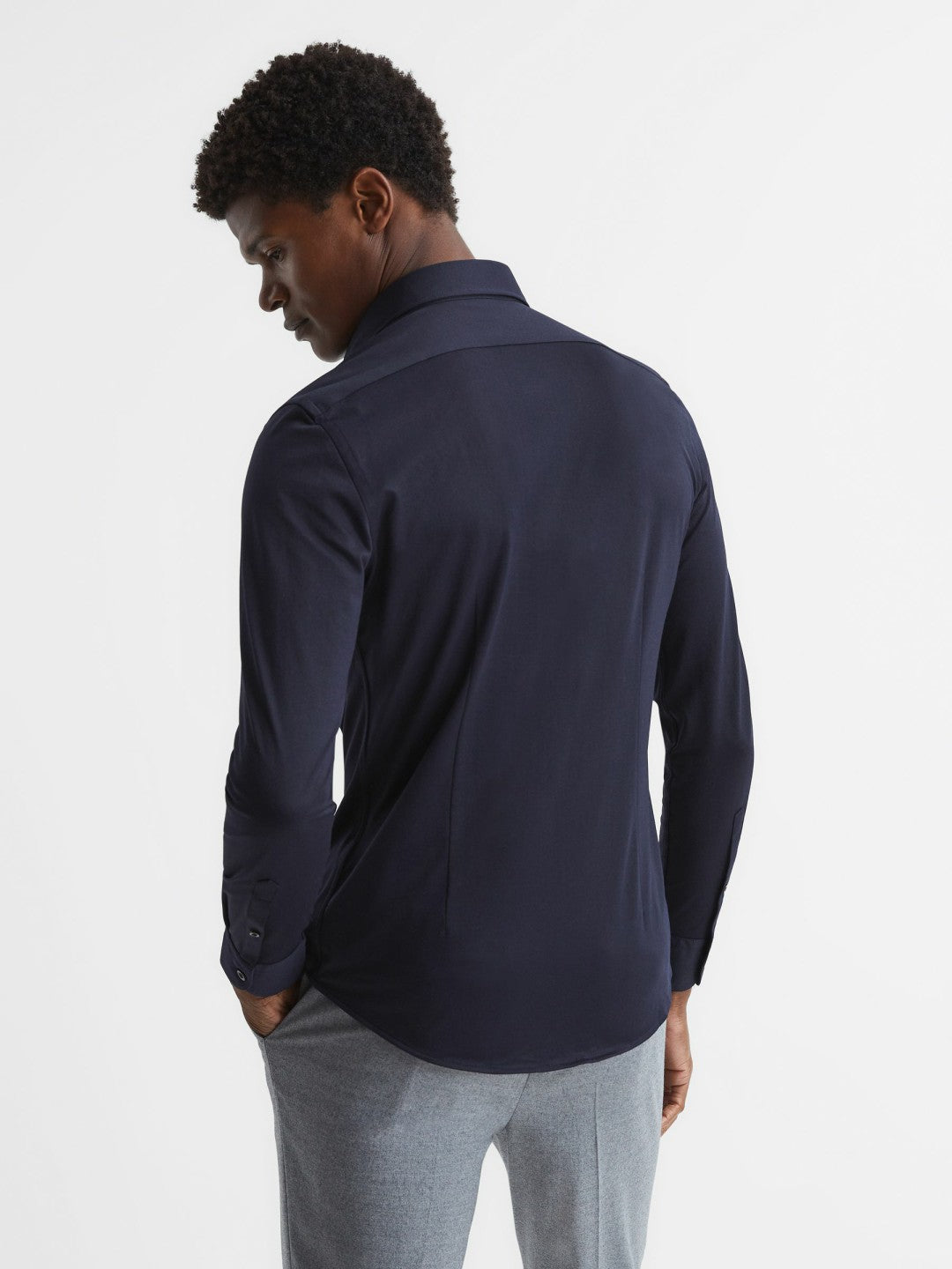 Reiss Cotton-Blend Jersey Cutaway-Collar Shirt in Navy