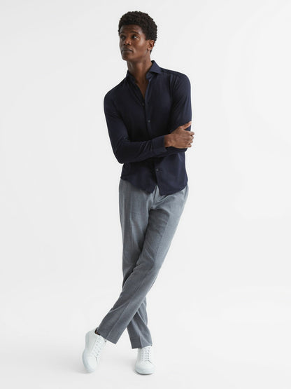 Reiss Cotton-Blend Jersey Cutaway-Collar Shirt in Navy