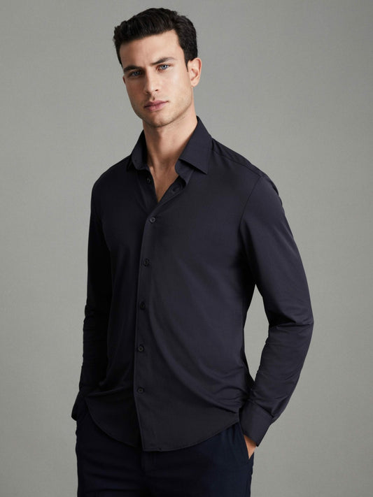 Reiss Regular Fit Button-Through Travel Shirt in Navy