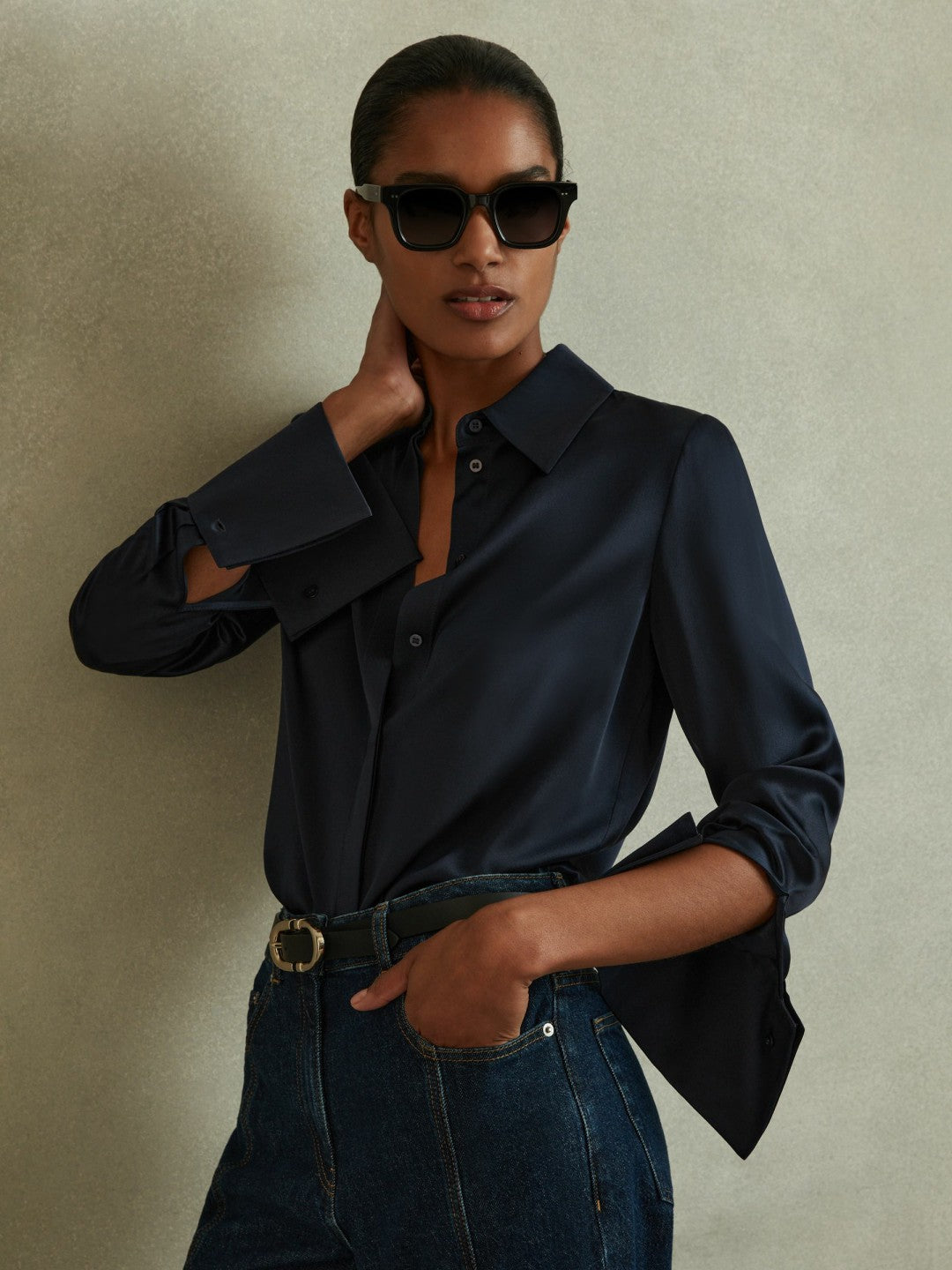Reiss Silk Double-Cuff Button-Through Shirt in Navy