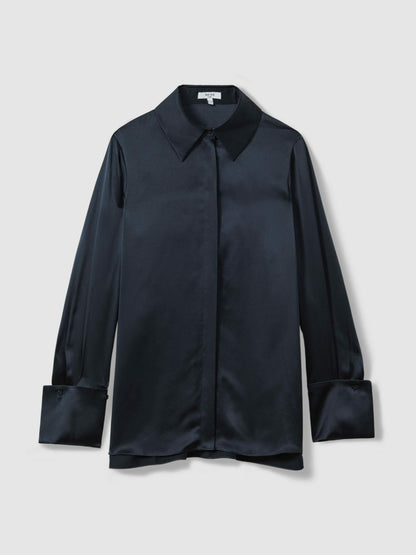 Reiss Silk Double-Cuff Button-Through Shirt in Navy