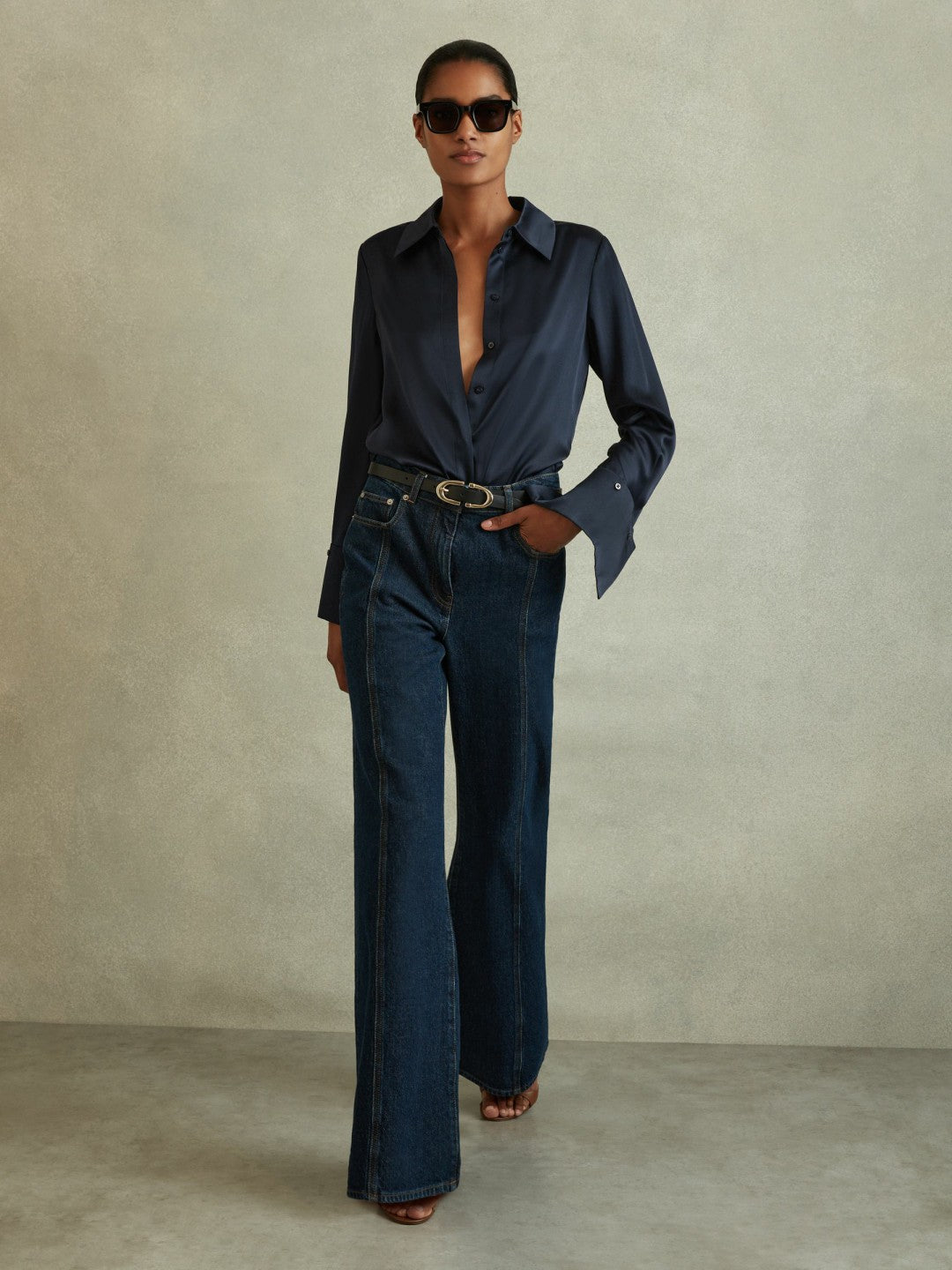 Reiss Silk Double-Cuff Button-Through Shirt in Navy