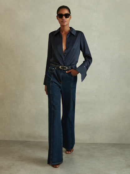 Reiss Silk Double-Cuff Button-Through Shirt in Navy