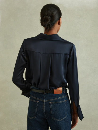 Reiss Silk Double-Cuff Button-Through Shirt in Navy