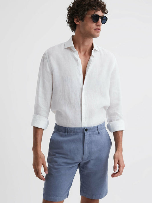 Reiss Cotton-Linen Blend Shorts in Airforce Blue