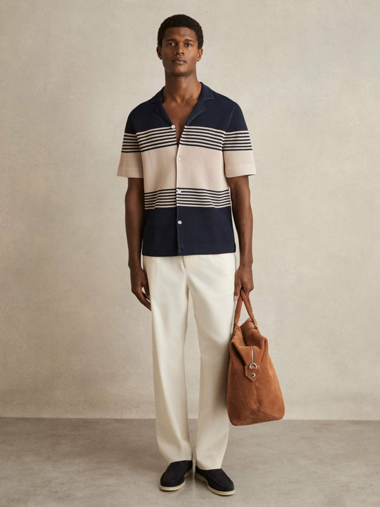 Reiss Stripe Textured-Knit Cuban-Collar Shirt in Navy/Stone