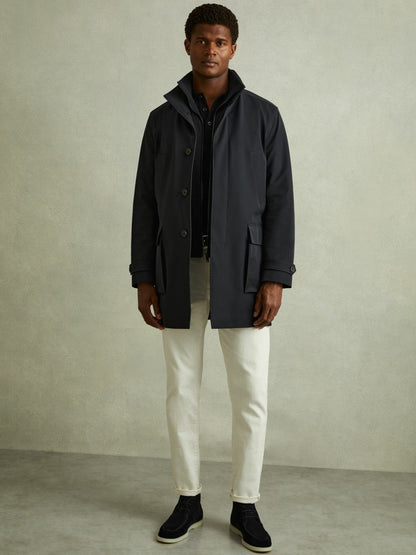 Reiss Hybrid Removable Funnel Neck Overcoat in Navy