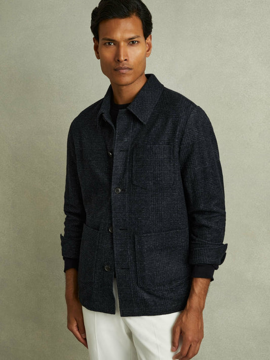Reiss Checked Button Through Worker Jacket in Navy Melange