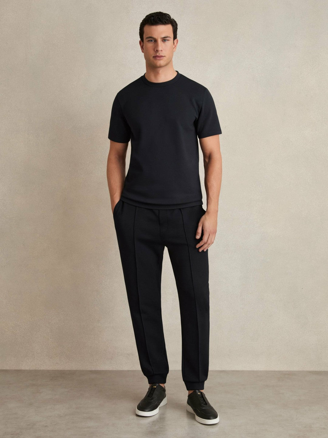 Reiss Interlock Jersey Crew Neck T-Shirt in Navy Blue