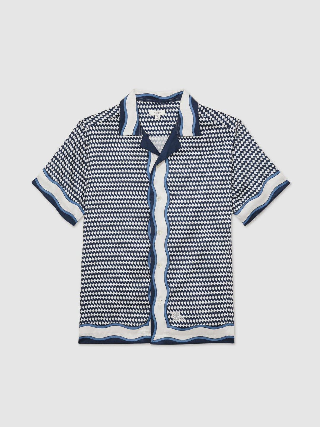 Reiss Geometric-Print Cuban-Collar Shirt in White/Navy