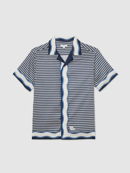 Reiss Geometric-Print Cuban-Collar Shirt in White/Navy