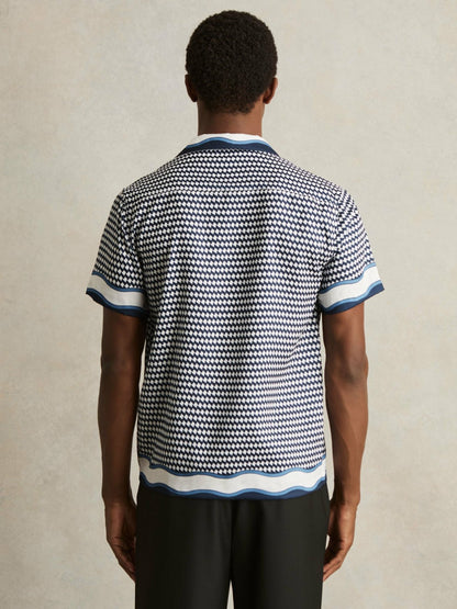 Reiss Geometric-Print Cuban-Collar Shirt in White/Navy