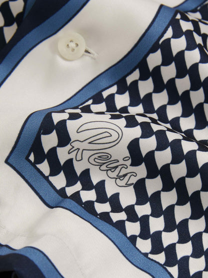 Reiss Geometric-Print Cuban-Collar Shirt in White/Navy