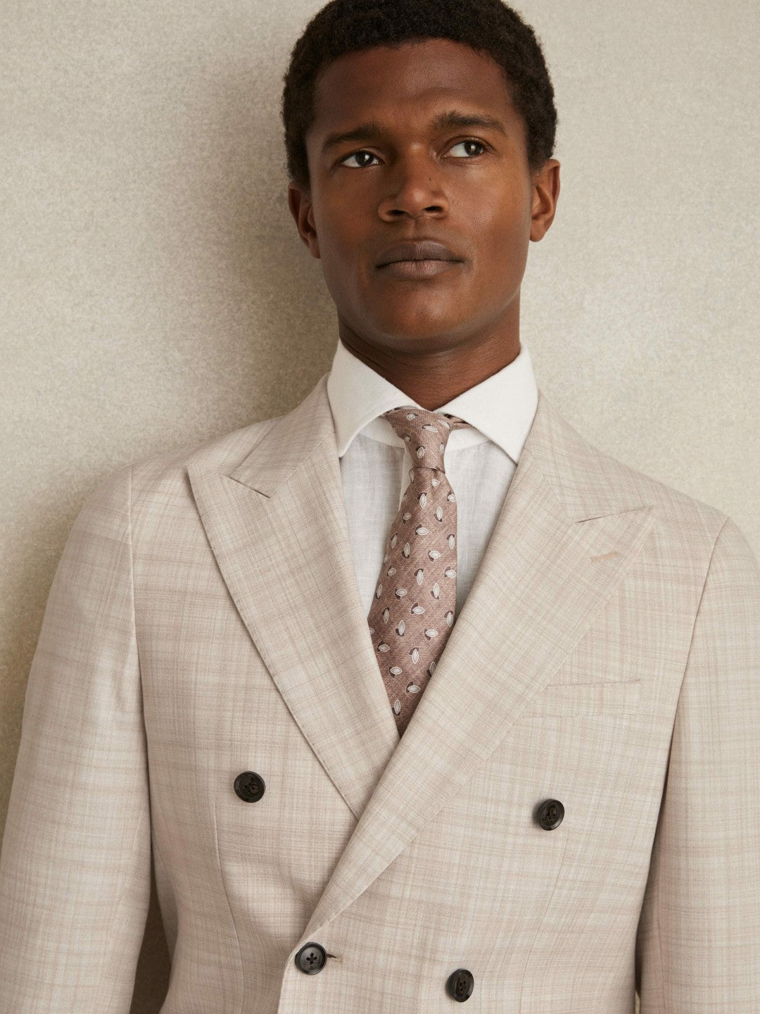 Reiss Double-Breasted Check Suit Blazer Regular-Fit in Stone