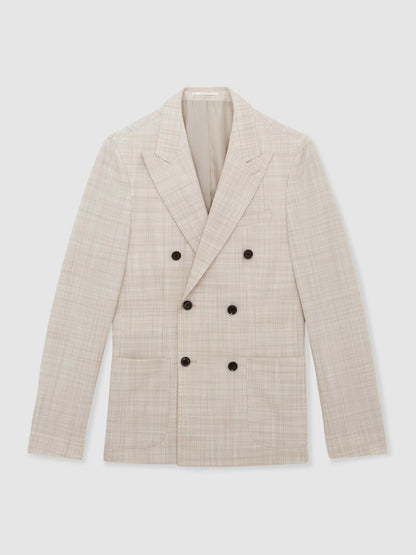 Reiss Double-Breasted Check Suit Blazer Regular-Fit in Stone